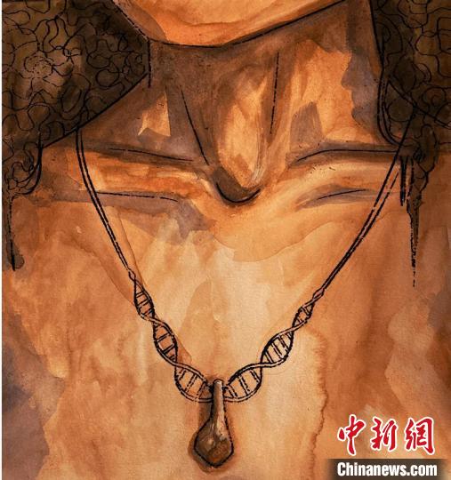 墜飾藝術(shù)再現(xiàn)圖，圖中吊墜繩為DNA螺旋樣式(圖片作者M(jìn)yrthe Lucas)?！∈┢樟指瘛ぷ匀?供圖