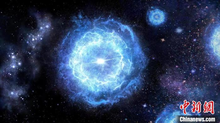 第一代超大質量恒星演化成為“對不穩(wěn)定超新星”的藝術展示圖?！≈锌圃簢姨煳呐_ 供圖
