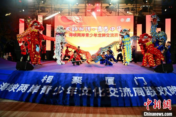 聯(lián)歡晚會(huì)上，兩岸青少年同臺(tái)呈現(xiàn)龍獅表演。　王東明 攝