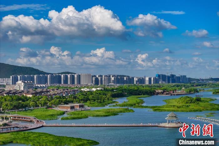 資料圖：航拍蘇州太湖湖濱國家濕地公園，藍(lán)天碧水生態(tài)美。 泱波 攝