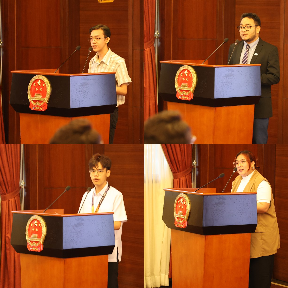 菲律賓大學(xué)、菲律賓師范大學(xué)的4位學(xué)生和校友代表現(xiàn)場發(fā)言向中方表示感謝并分享體會。駐菲律賓使館 供圖