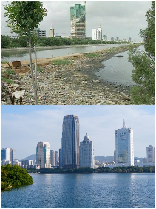 上圖：筼筜湖治理前資料圖。下圖：筼筜湖如今的美麗風(fēng)光。人民網(wǎng)記者 吳超嵐攝