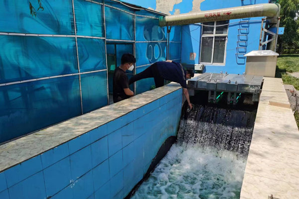 邯鄲市雞澤縣藍(lán)天污水處理廠員工正在出水口進(jìn)行水質(zhì)檢測(cè)。鄭佳欣攝