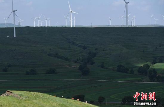 6月28日，河北張家口張北草原上大片風(fēng)力發(fā)電的“風(fēng)車”規(guī)模宏大。 中新社記者 楊艷敏 攝