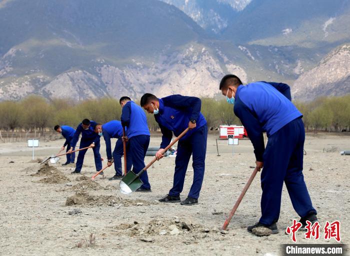 林芝市巴宜區(qū)森林消防中隊志愿服務(wù)隊正在揮鍬鏟土?！∥骼@拉翁 攝