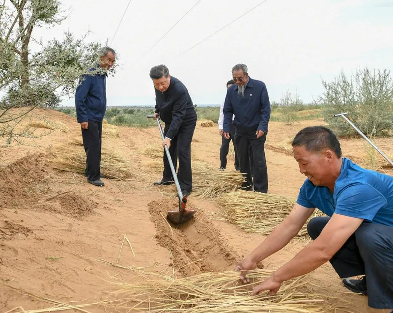 2019年8月21日，習(xí)近平來(lái)到甘肅省武威市古浪縣八步沙林場(chǎng)，實(shí)地察看當(dāng)?shù)刂紊吃炝?、生態(tài)保護(hù)等情況。新華社記者 謝環(huán)馳 攝