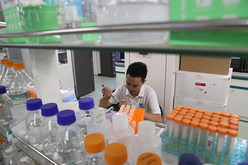 在三亞崖州灣科技城，一名青年科技工作者正在進行科研工作。