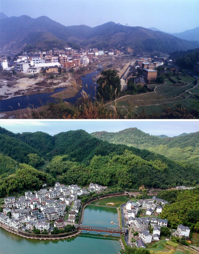 圖為浙江省杭州市淳安縣楓樹嶺鎮(zhèn)下姜村拼版圖，其中上圖為資料照片、下圖由新華社記者張鋮攝。