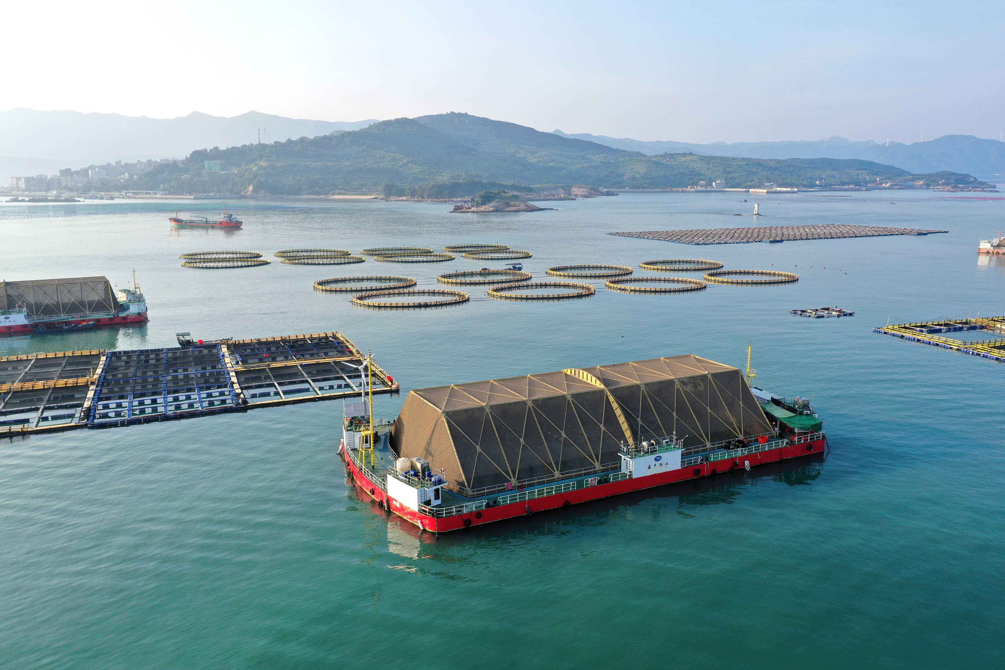 2024年9月10日拍攝的福建省福州市連江縣定海灣海域的現(xiàn)代化“海上糧倉(cāng)”。