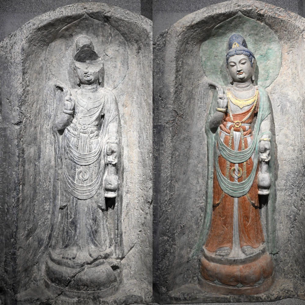 左圖為龍門石窟萬佛洞窟前南壁菩薩造像的3D打印模型；右圖為利用數(shù)字化技術(shù)復(fù)原后的3D打印模型（2025年4月10日攝，拼版照片）。復(fù)原后的像龕精妙絕倫，栩栩如生，被游客譽(yù)為“龍門最美菩薩”。圖片來源新華社