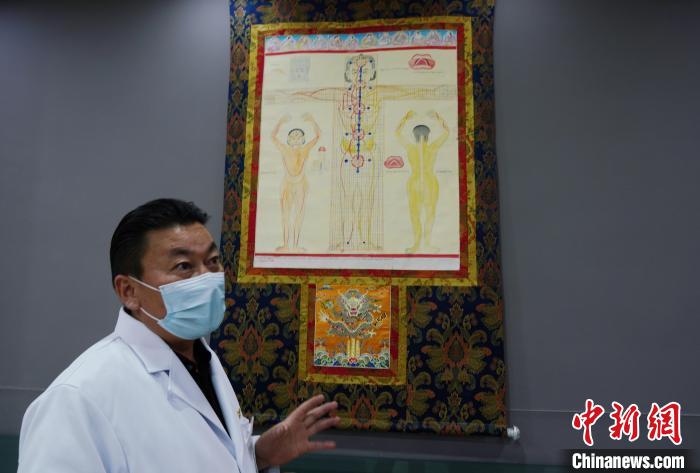 圖為興?？h藏醫(yī)院院長(zhǎng)介紹藏醫(yī)四部醫(yī)典詳實(shí)圖?！●R銘言 攝
