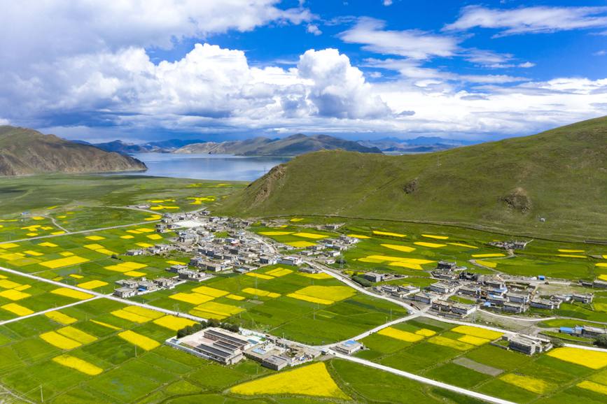 航拍道布龍村，依山傍水，阡陌縱橫。